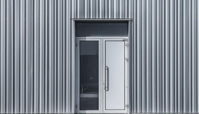 Dør ved fasade dekket med plater